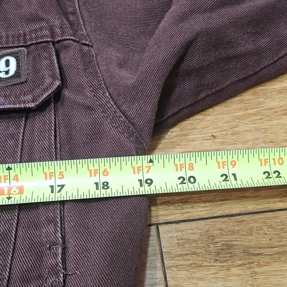 Stoosh Patchwork Denim Jacket Women Sz‎ L Brown Cropped Scout Patches Streetwear